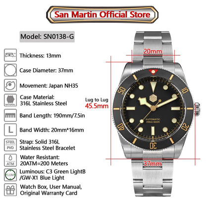 San Martin SN0138G New 37mm BB54 Vintage Diver Watch NH35 Automatic AR Sapphire C3 Luminous 20Bar