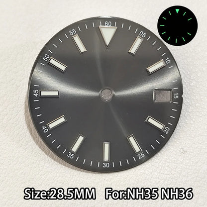 28.5mm Watch Dial For NH 35 NH36 Movements Green Luminous Single/No Date just Calendar Dial Roman Men Watches Accessories