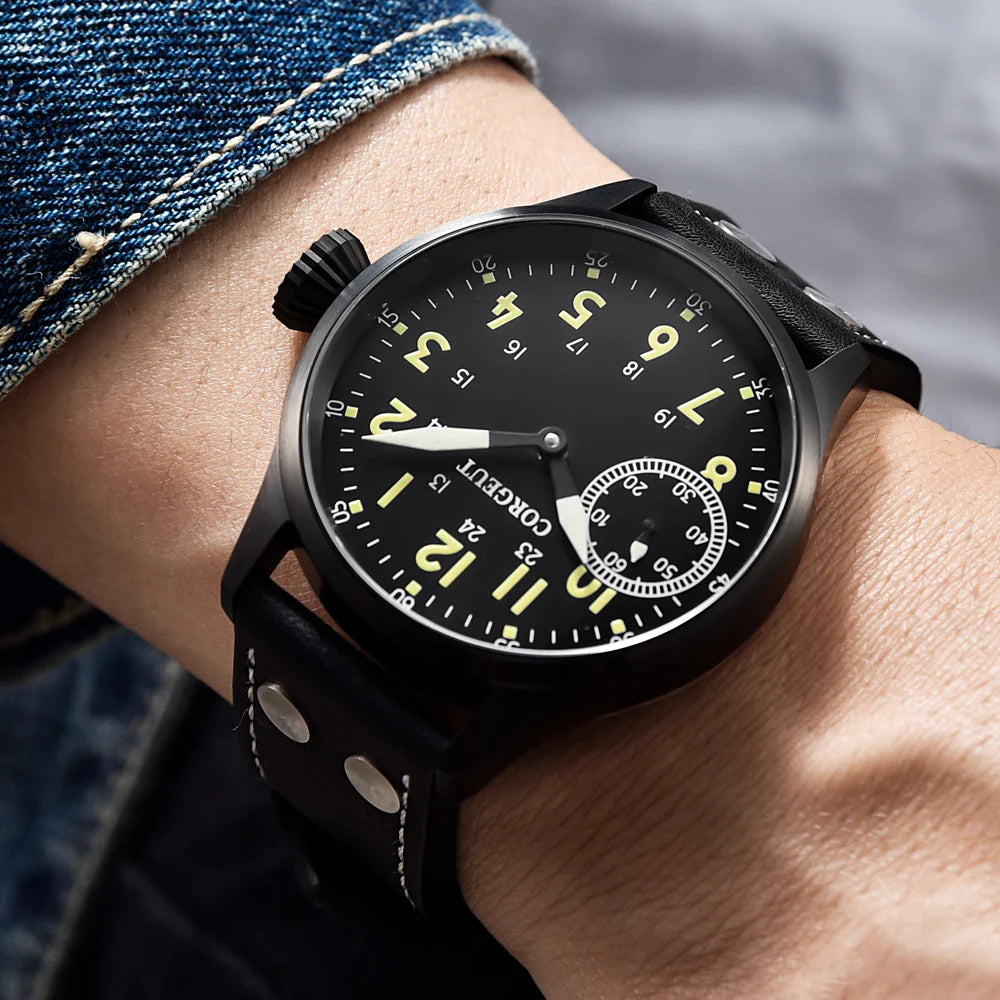 Corgeut 6023 Sub Second Pilot St3600  Manual Mechanical Watch 44MM 5ATM Sapphire Luminious glass back