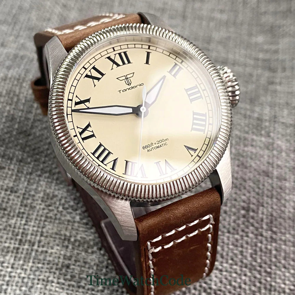 Tandorio Fluted Pilot Watch TD117A 20BAR  NH35 PT5000 Roman Numerals Sapphire 39mm