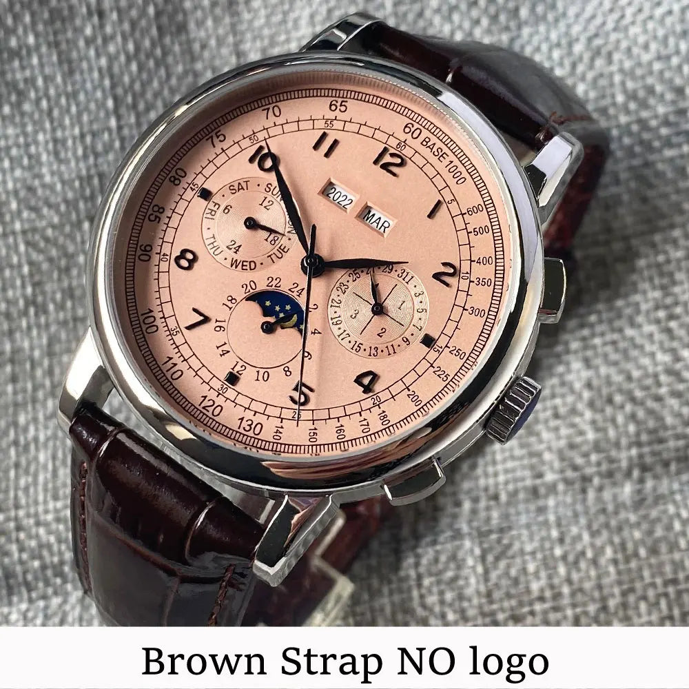 Corgeut Moon Phase Watch 42mm Seagull St1655 Automatic Day Date Month Calendar Glass Back 42MM 3ATM