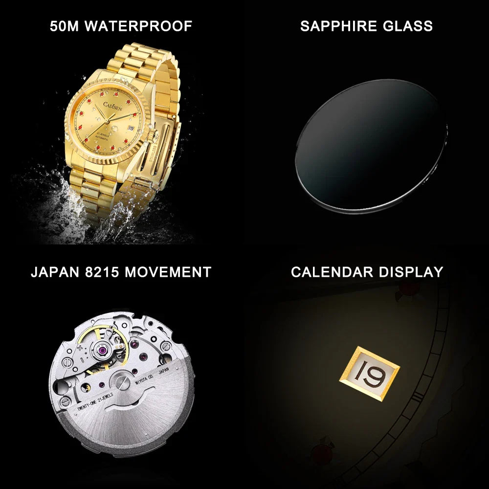 CADISEN C8223 DateJust Watch Miyota 8215 Sapphire Luxury Golden Watch 36MM Ladies Men