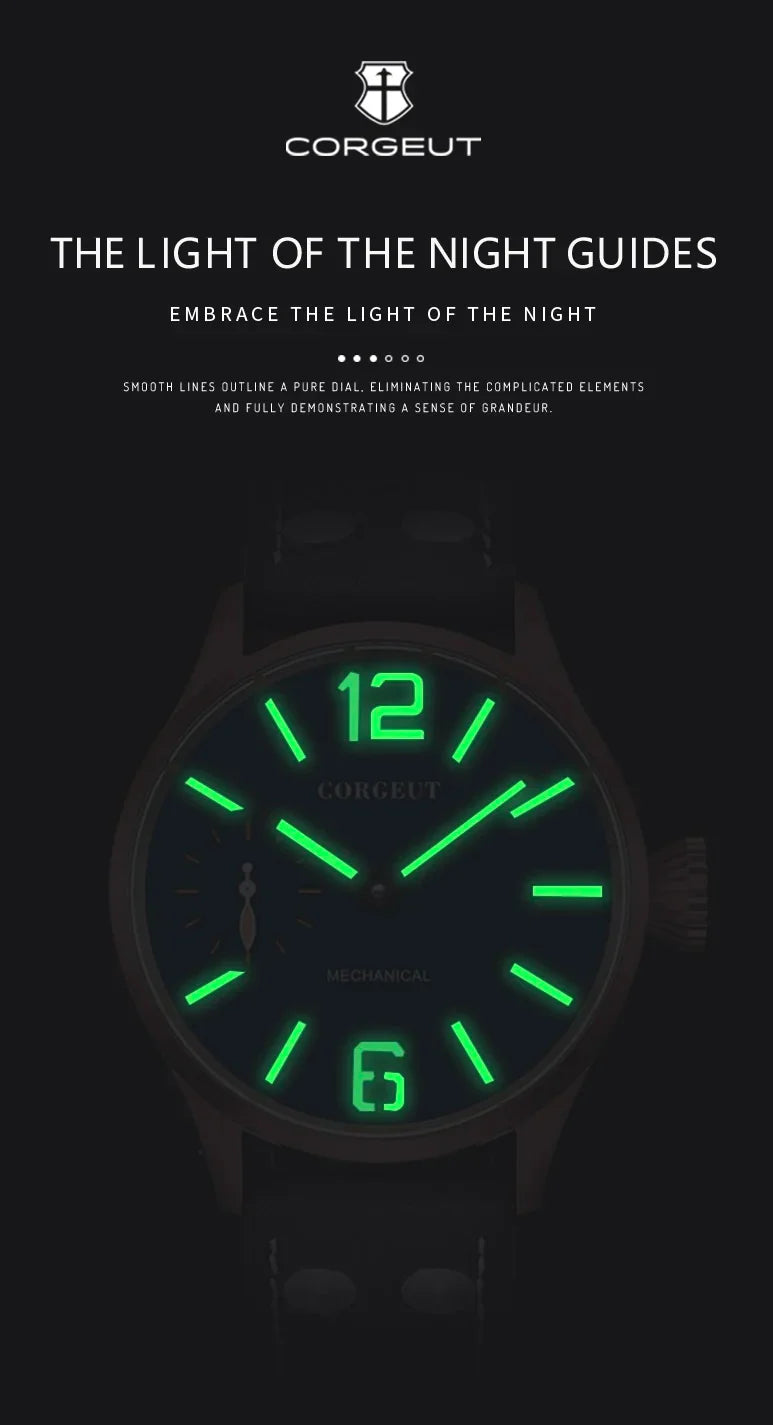 Corgeut 6025 pilot ST3600 Manual Mechanical sub second Sapphire Mirror 44mm 5ATM Glass Back