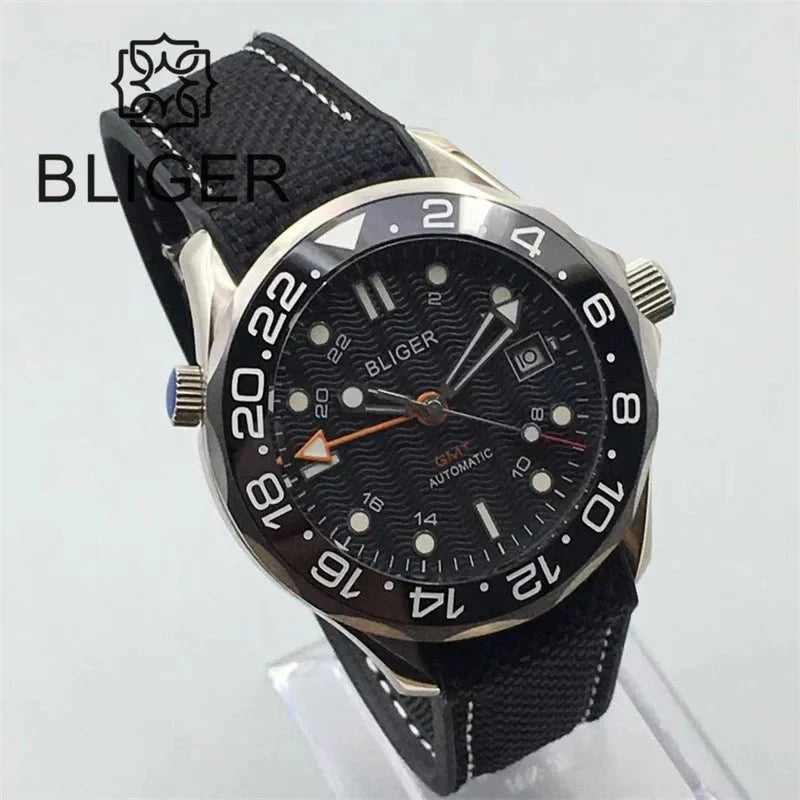 BLIGER 41mm NH34 GMT Automatic Blue Ceramic Bezel Sapphire Glass Black - Tandorio Watches