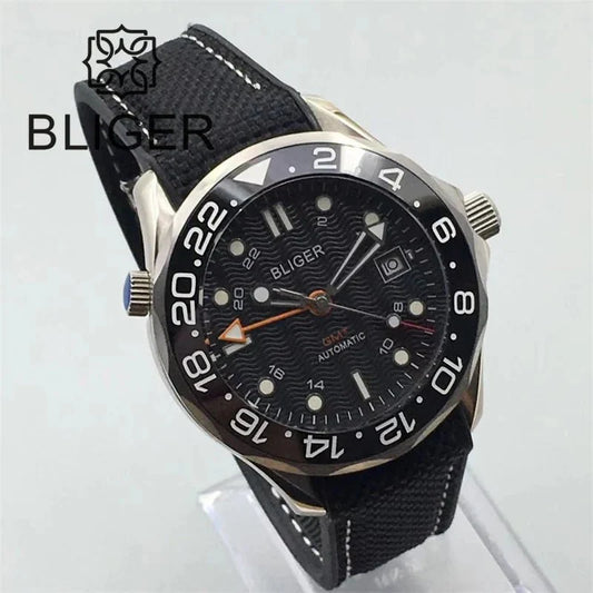 BLIGER 41mm NH34 GMT Automatic Blue Ceramic Bezel Sapphire Glass Black - Tandorio Watches