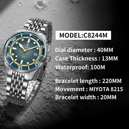 CADISEN C8244 Miyota 8215 Automatic 40mm 10bar diver sapphire luminous - Tandorio Watches