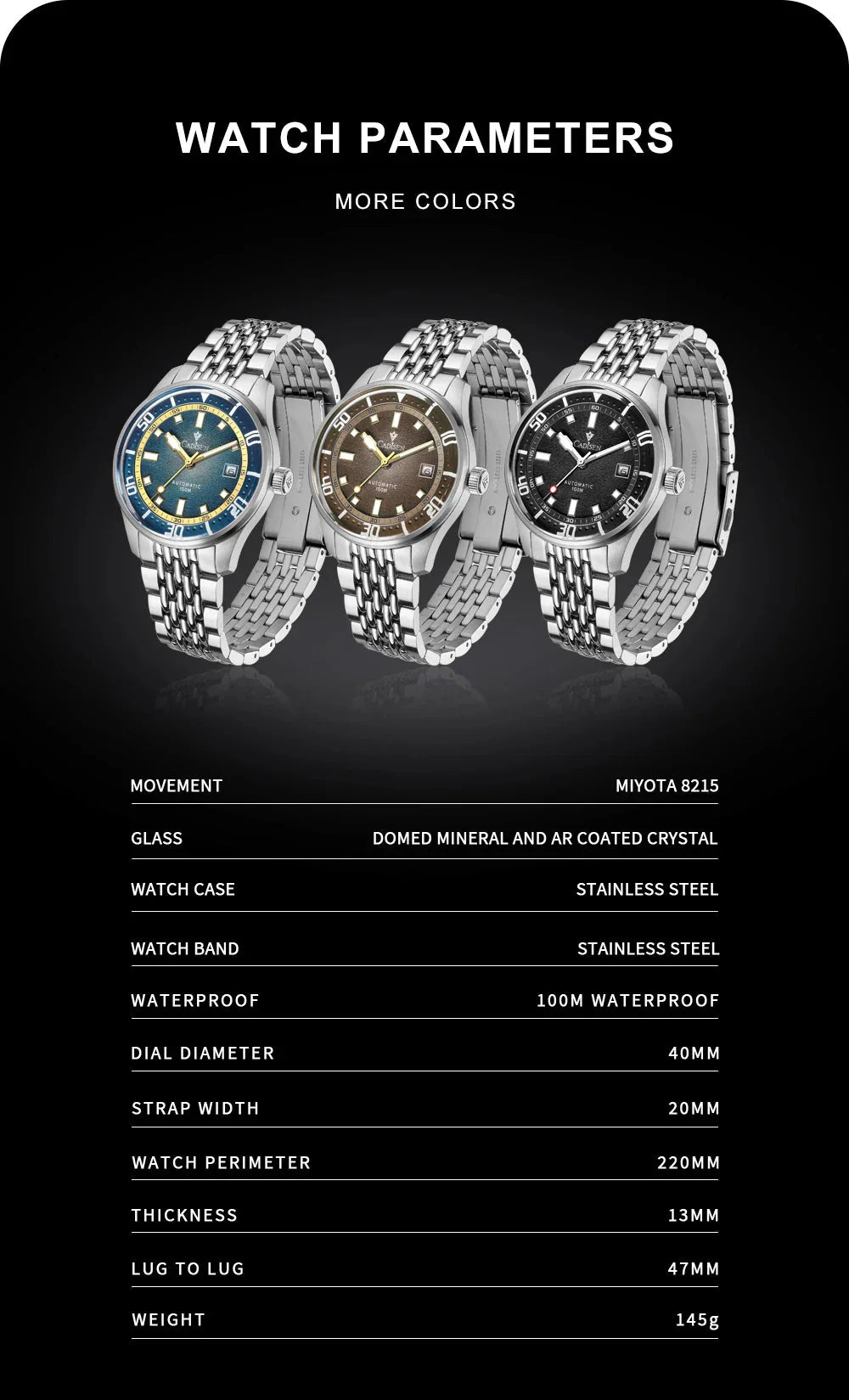 CADISEN C8244 Miyota 8215 Automatic 40mm 10bar diver sapphire luminous - Tandorio Watches