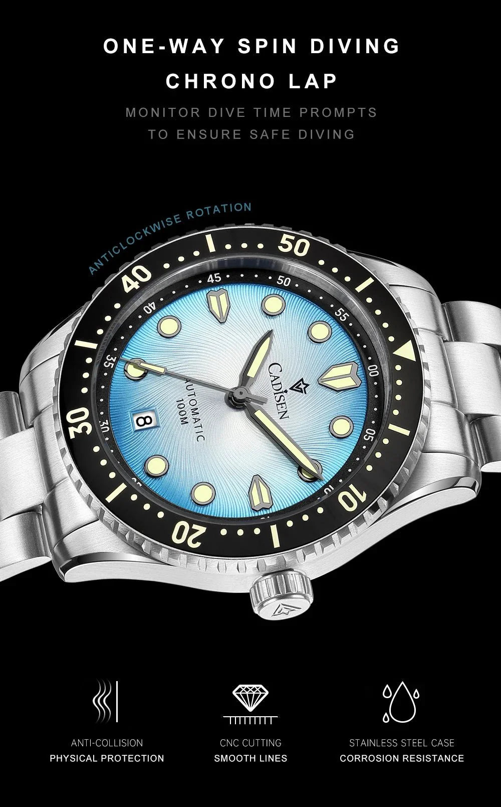 CADISEN C8245 Diver AR Sapphire MIYOTA 8215 Mechanical Wristwatch Ceramic Ring 10Bar Luminous - Tandorio Watches