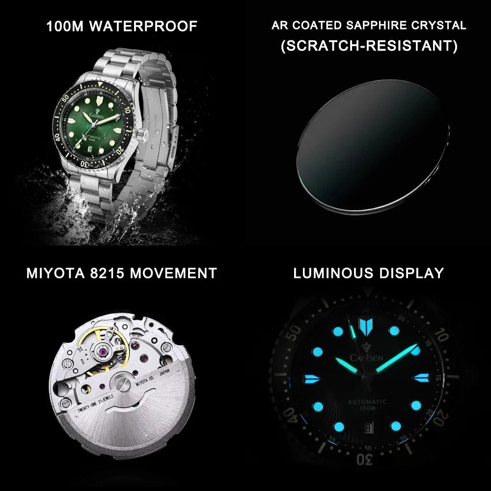 CADISEN C8245 Diver AR Sapphire MIYOTA 8215 Mechanical Wristwatch Ceramic Ring 10Bar Luminous - Tandorio Watches