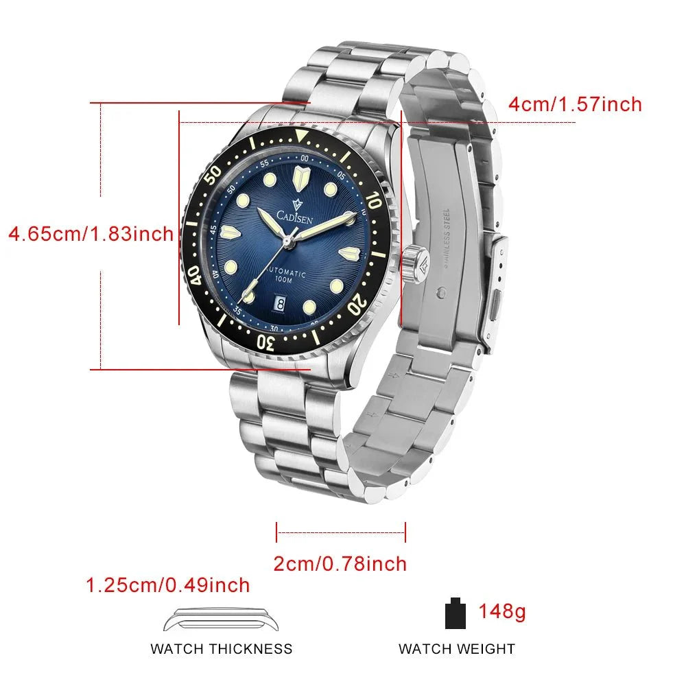 CADISEN C8245 Diver AR Sapphire MIYOTA 8215 Mechanical Wristwatch Ceramic Ring 10Bar Luminous - Tandorio Watches
