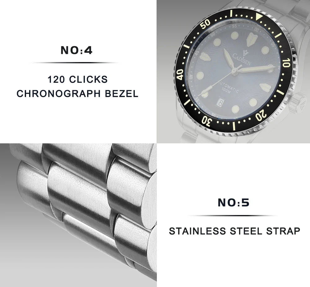CADISEN C8245 Diver AR Sapphire MIYOTA 8215 Mechanical Wristwatch Ceramic Ring 10Bar Luminous - Tandorio Watches