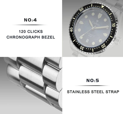 CADISEN C8245 Diver AR Sapphire MIYOTA 8215 Mechanical Wristwatch Ceramic Ring 10Bar Luminous - Tandorio Watches