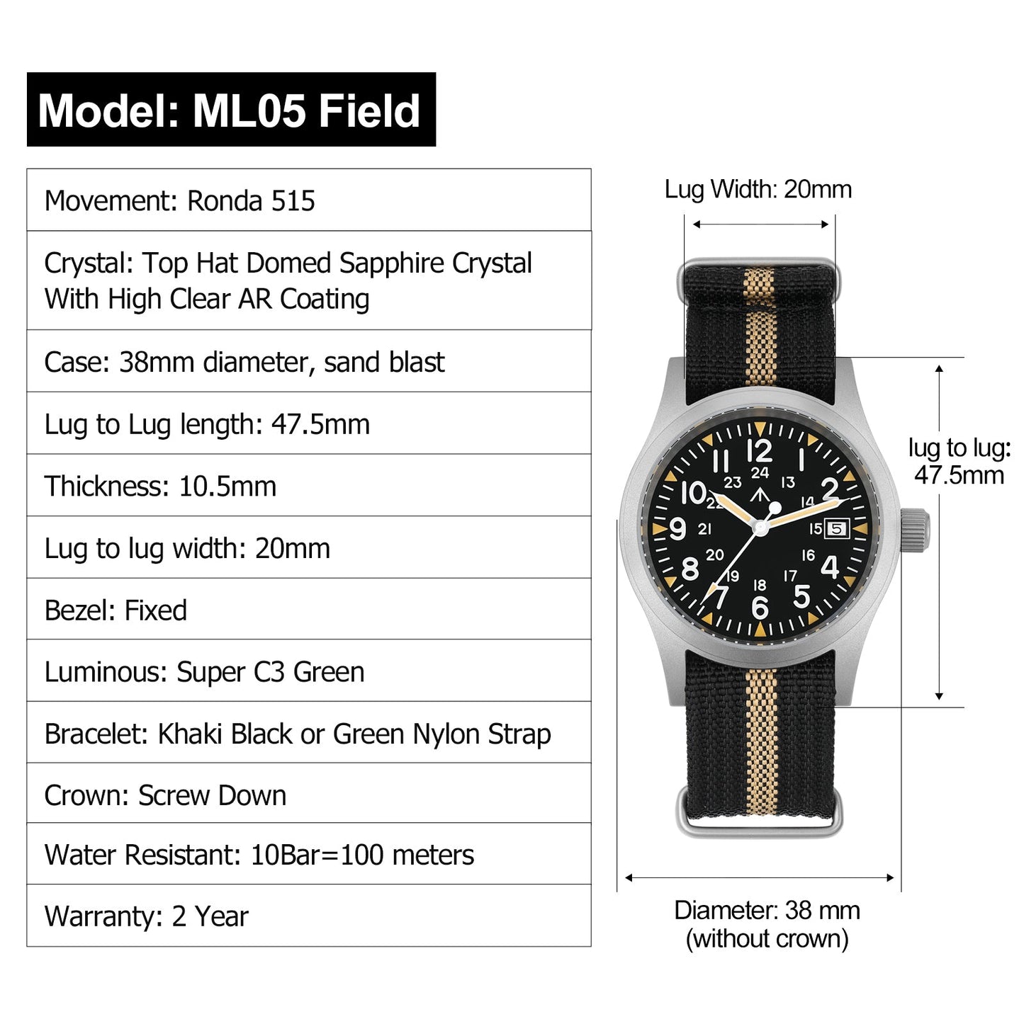 Militado 38mm Sapphire Crystal Field Military Watch ML05