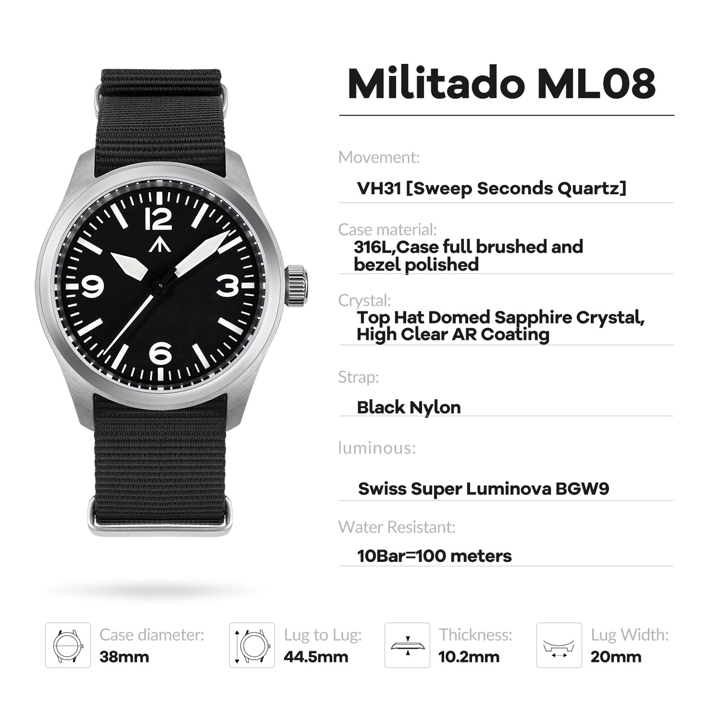 ★11.11 Sale★Militado 38mm Military Watch Vintage Field Watch ML08