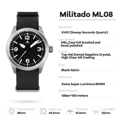 ★11.11 Sale★Militado 38mm Military Watch Vintage Field Watch ML08