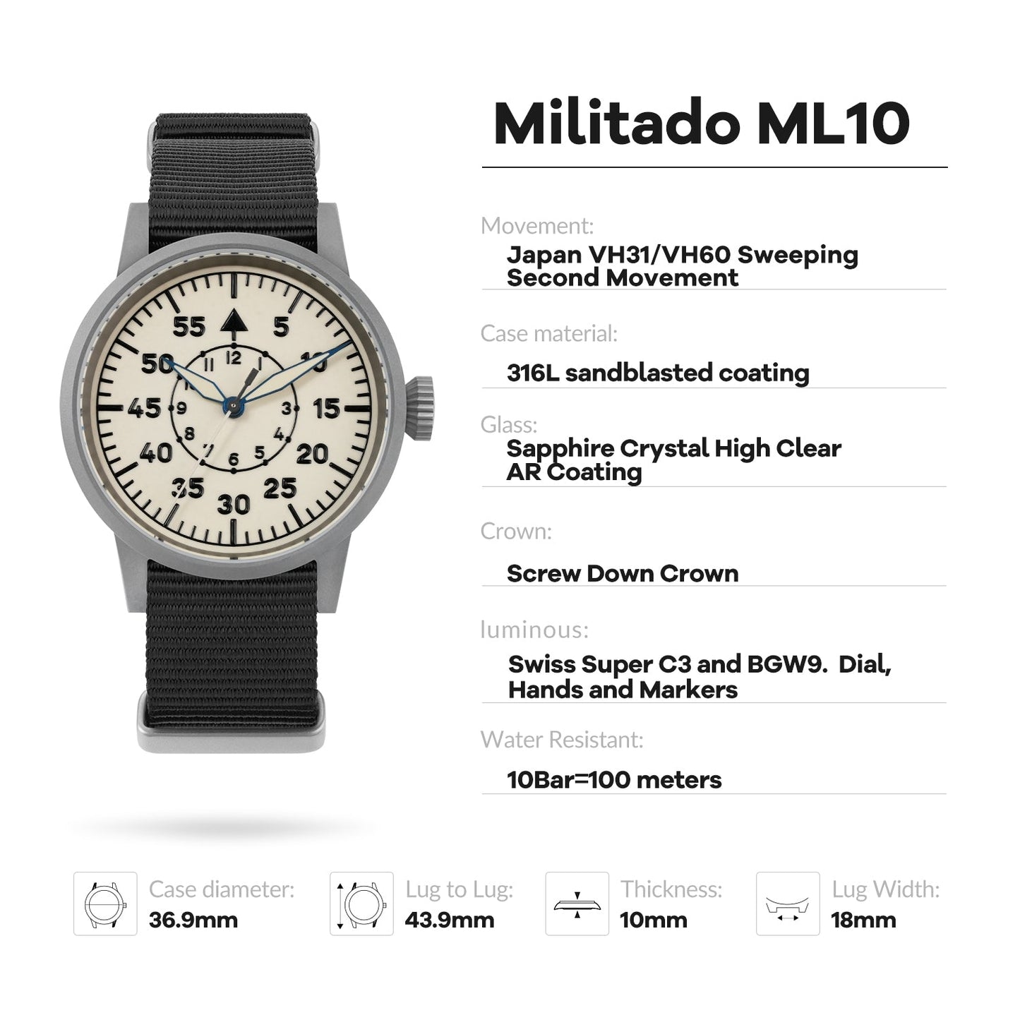 Militado 37mm Sapphire Crystal Retro Flieger Pilot Watch ML10 V2