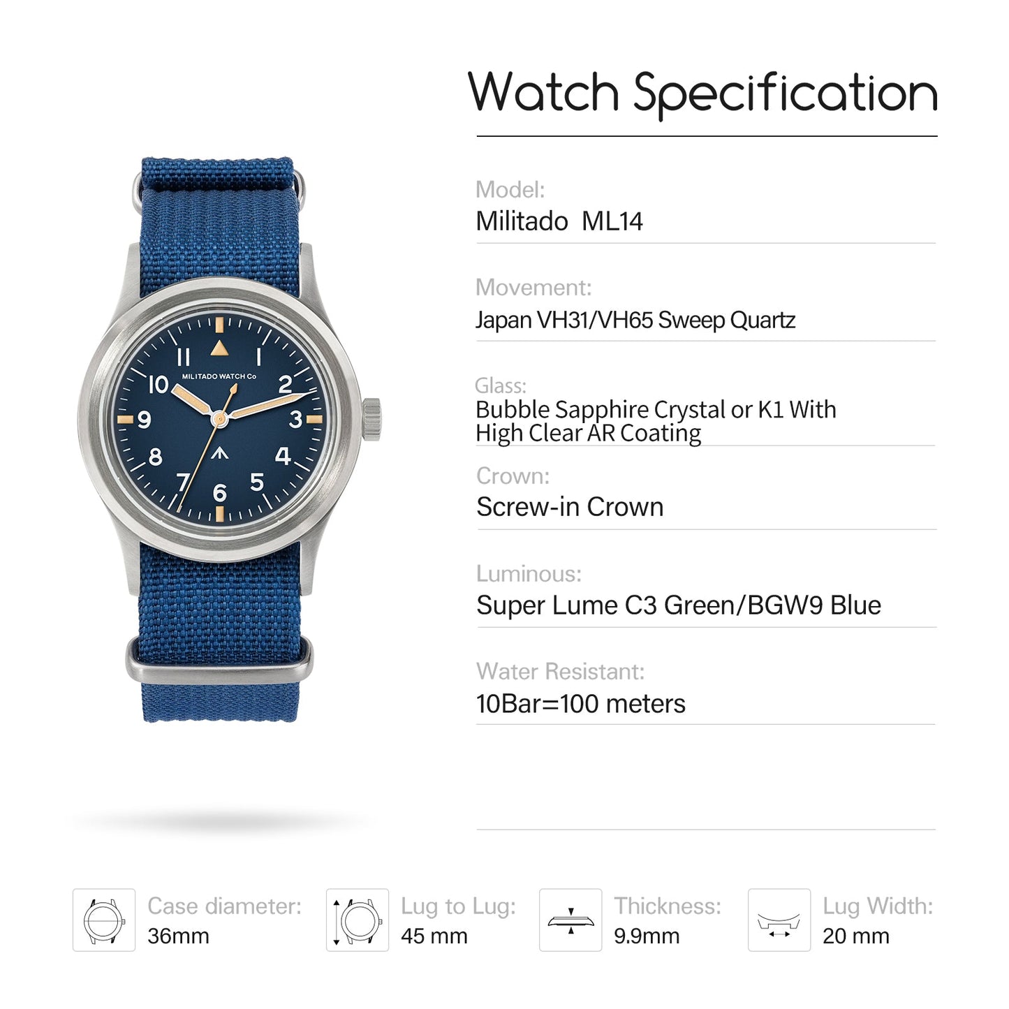 Militado 36mm Retro Military Watch VH31/VH65 Sweeping Hand ML14 V2