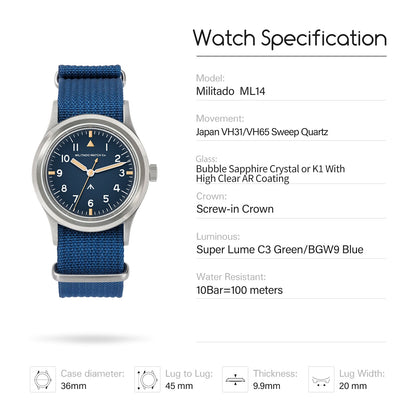 Militado 36mm Retro Military Watch VH31/VH65 Sweeping Hand ML14 V2
