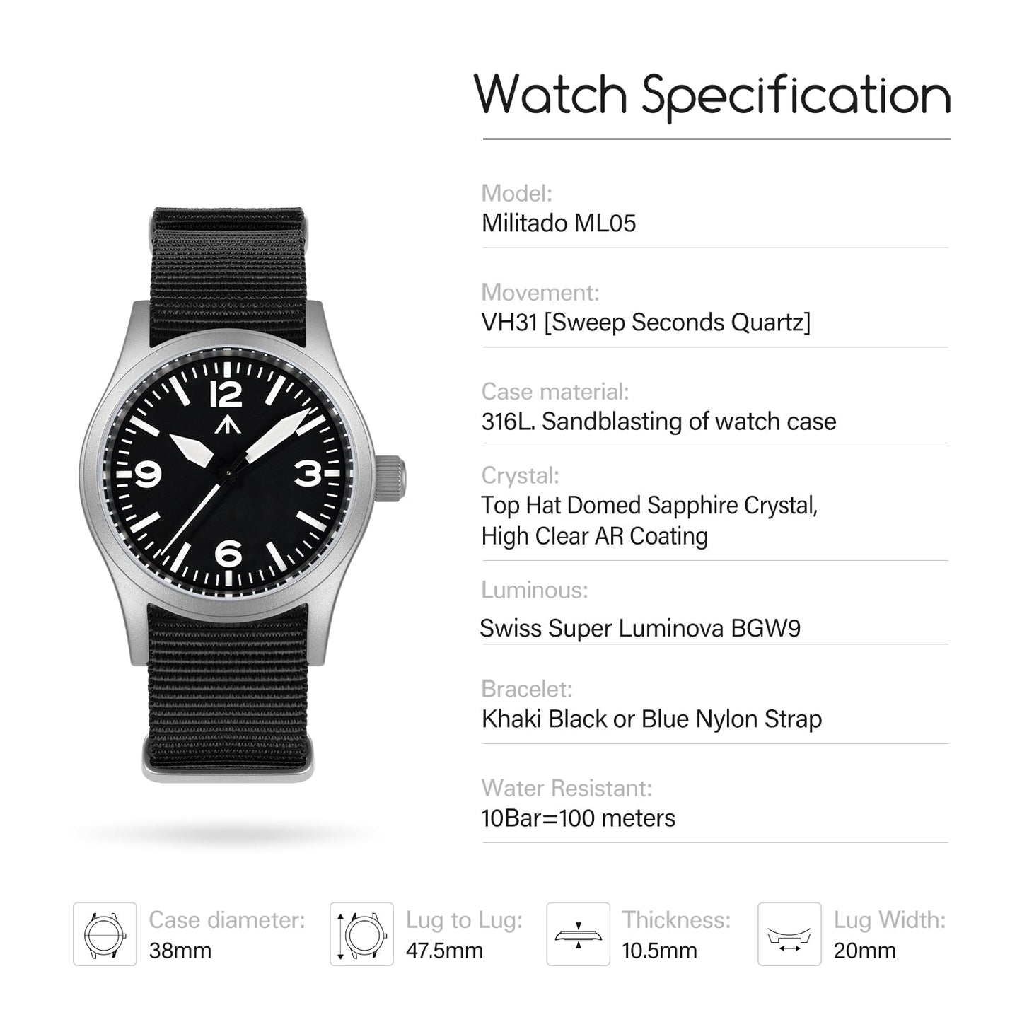 ★Hot-Selling★Militado 38mm Field Watch ML05 369 Dial