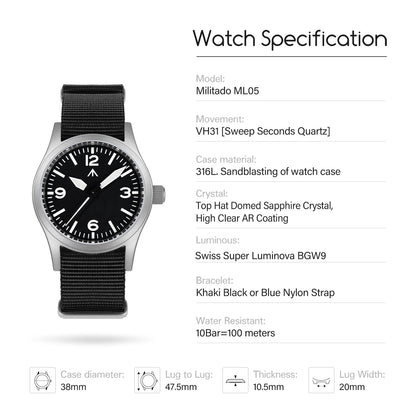 ★Hot-Selling★Militado 38mm Field Watch ML05 369 Dial