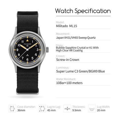★New Released★Militado 36mm Field Watch VH31 Sweeping Movt D12 Dial ML15