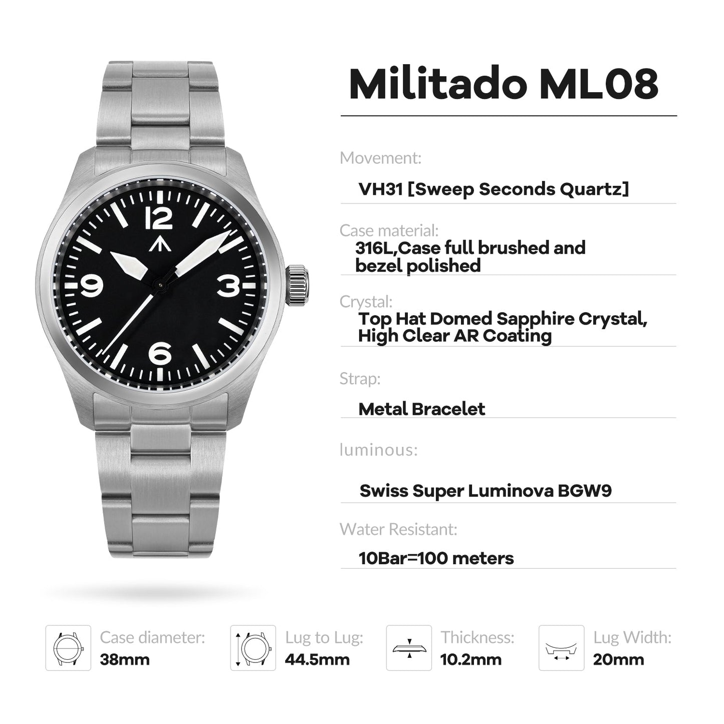 ★11.11 Sale★Militado 38mm Retro VH31 Military Watch ML08