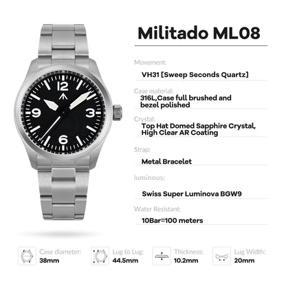 ★11.11 Sale★Militado 38mm Military Watch Vintage Field Watch 369 Dial ML08
