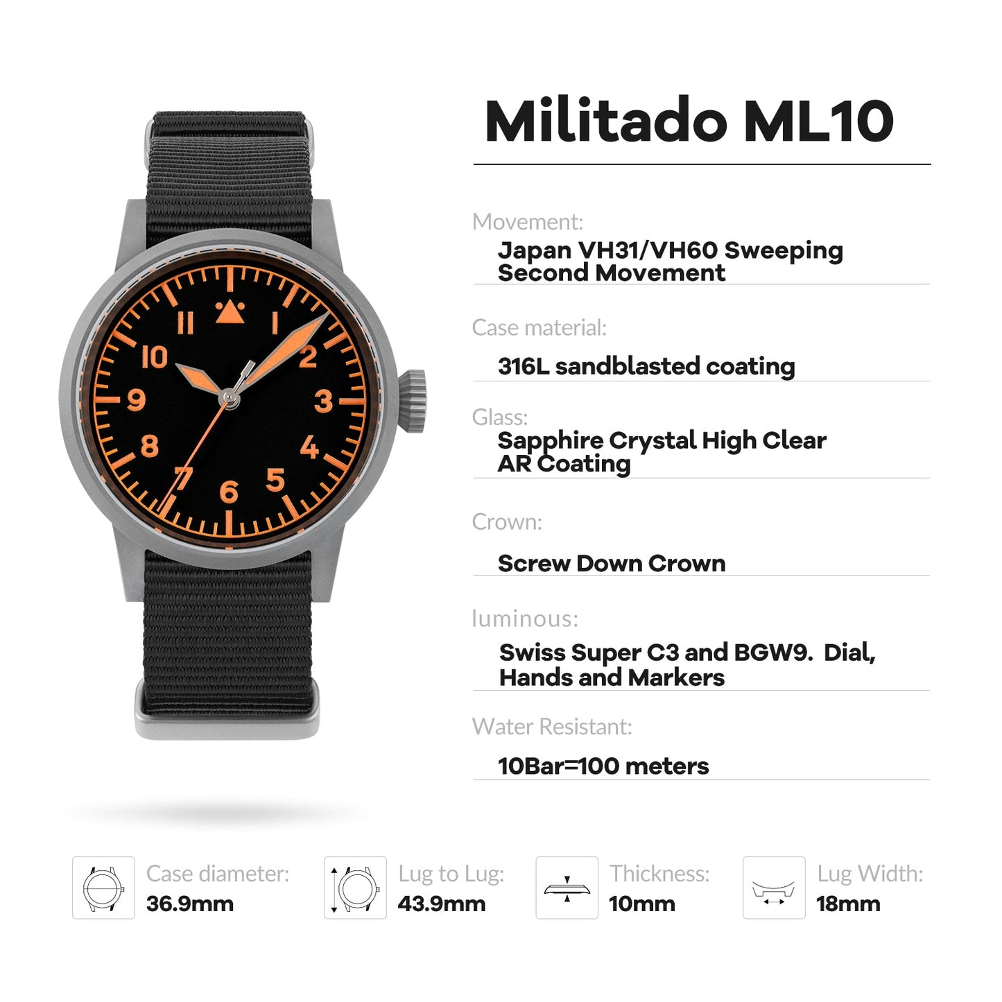 Militado 37mm Sapphire Crystal Retro Flieger Pilot Watch ML10 V2