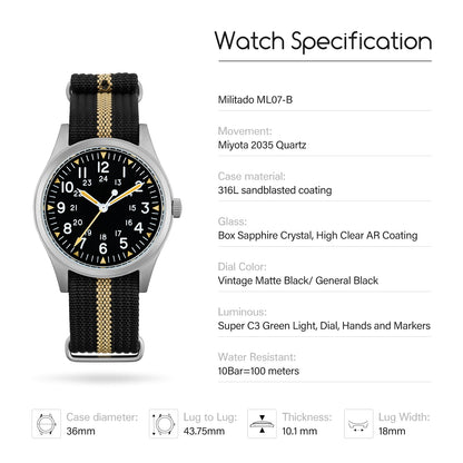 Militado 36mm Sapphire Crystal Field Watch 2035 Movt ML07B