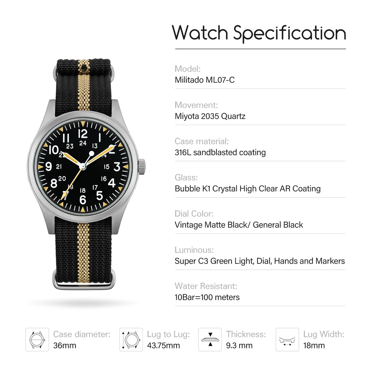 Militado 36mm Bubble Crystal Militady Watch Super 2035 Movt ML07C