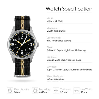 Militado 36mm Bubble Crystal Militady Watch Super 2035 Movt ML07C