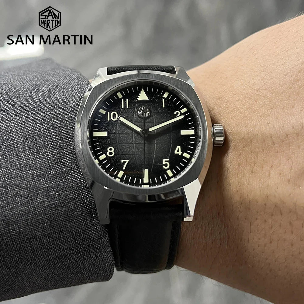San Martin Dress Watch SN0026 38mm PT5000 SW200 Automatic Original Design Grid Textured Dial 10Bar C3 Lume Sapphire - Tandorio Watches