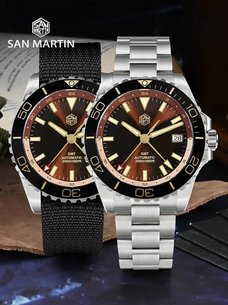 San Martin GMT Dive Watch SN0136 39mm NH34 Automatic Sunburst Enamel Dial AR Sapphire C3 Green Luminous - Tandorio Watches