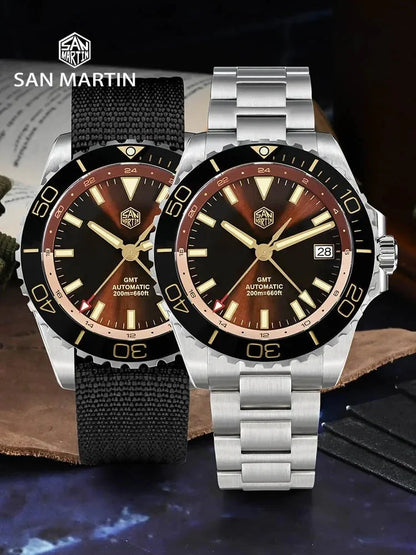 San Martin GMT Dive Watch SN0136 39mm NH34 Automatic Sunburst Enamel Dial AR Sapphire C3 Green Luminous - Tandorio Watches