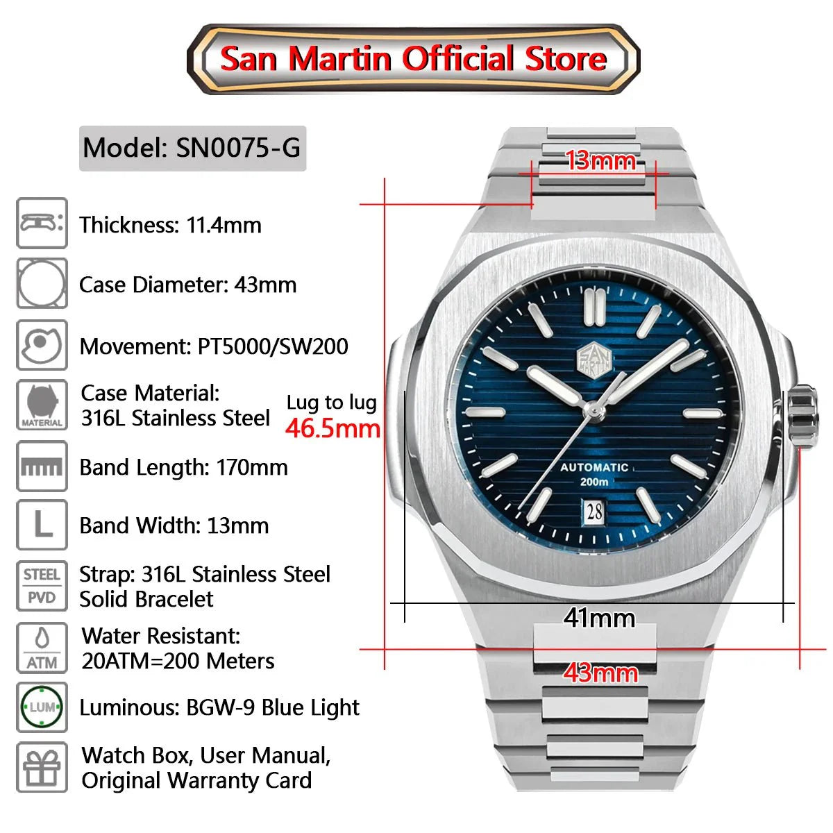 San Martin Nautilus MOD SN0075G 43mm Sw200 PT5000 Automatic AR Sapphire 20 ATM BGW - 9 - Tandorio Watches