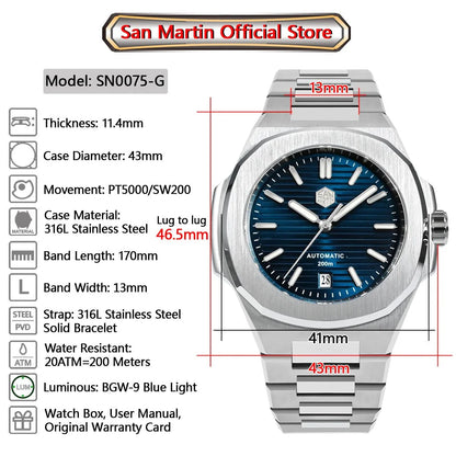 San Martin Nautilus MOD SN0075G 43mm Sw200 PT5000 Automatic AR Sapphire 20 ATM BGW - 9 - Tandorio Watches