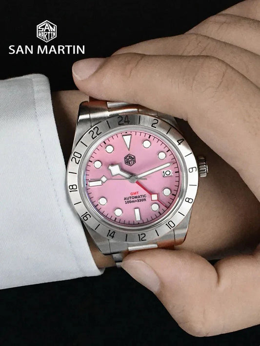 San Martin SN0054G GMT Pink Dial BB 39mm NH34 Automatic Watch 10Bar AR Sapphire BGW9 Lume - Tandorio Watches
