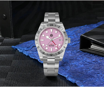 San Martin SN0054G GMT Pink Dial BB 39mm NH34 Automatic Watch 10Bar AR Sapphire BGW9 Lume - Tandorio Watches