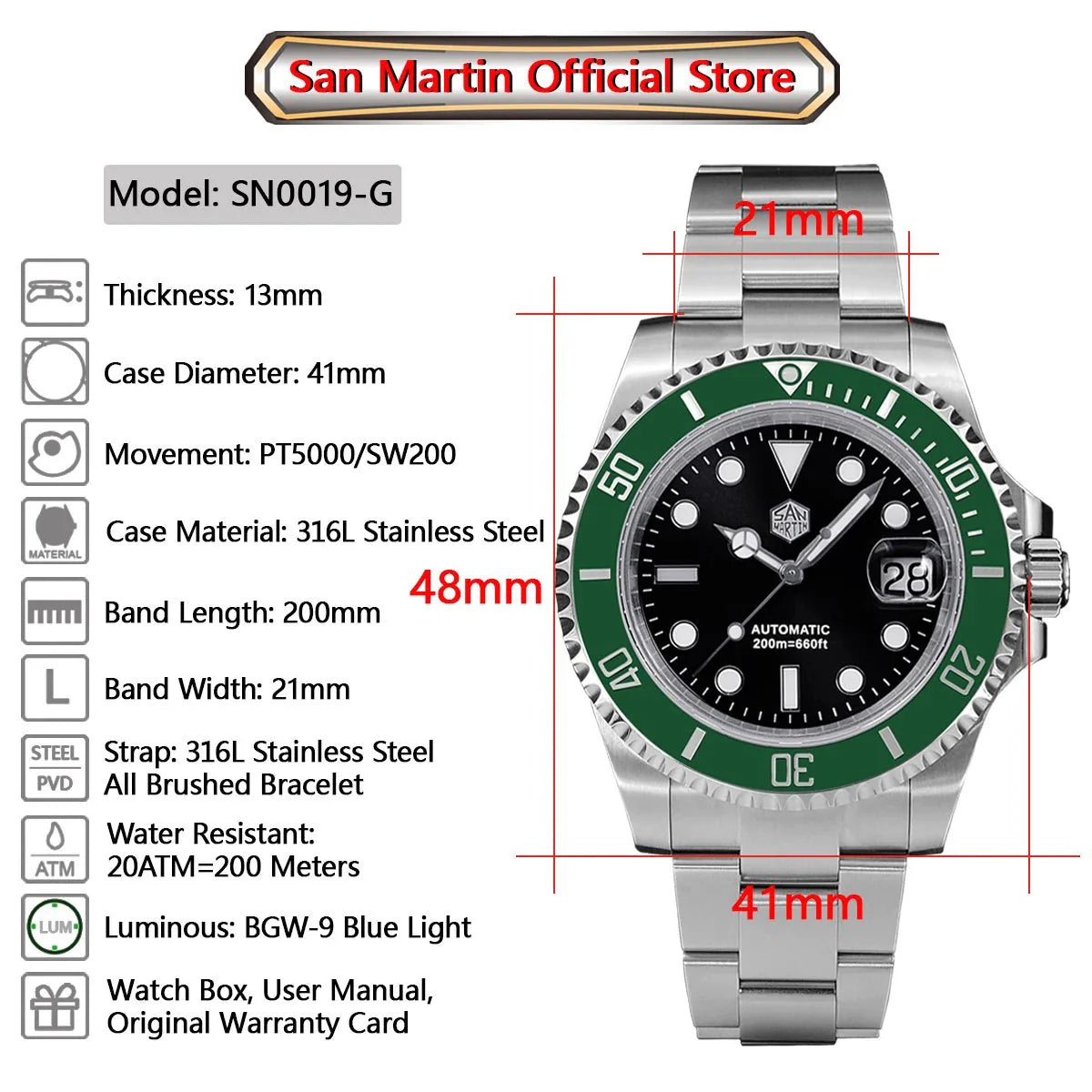 San Martin SUB Diver Sn0019G 41mm Water Ghost PT5000 SW200 Automatic AR Sapphire 20Bar BGW - 9 Luminous - Tandorio Watches