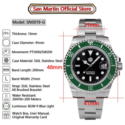 San Martin SUB Diver Sn0019G 41mm Water Ghost PT5000 SW200 Automatic AR Sapphire 20Bar BGW - 9 Luminous - Tandorio Watches