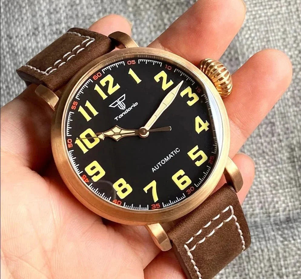 Tandorio 47mm NH35 pilot Watch CUSN8 Solid Bronze or 316L Steel Case 10ATM Sapphire TD025 - Tandorio Watches