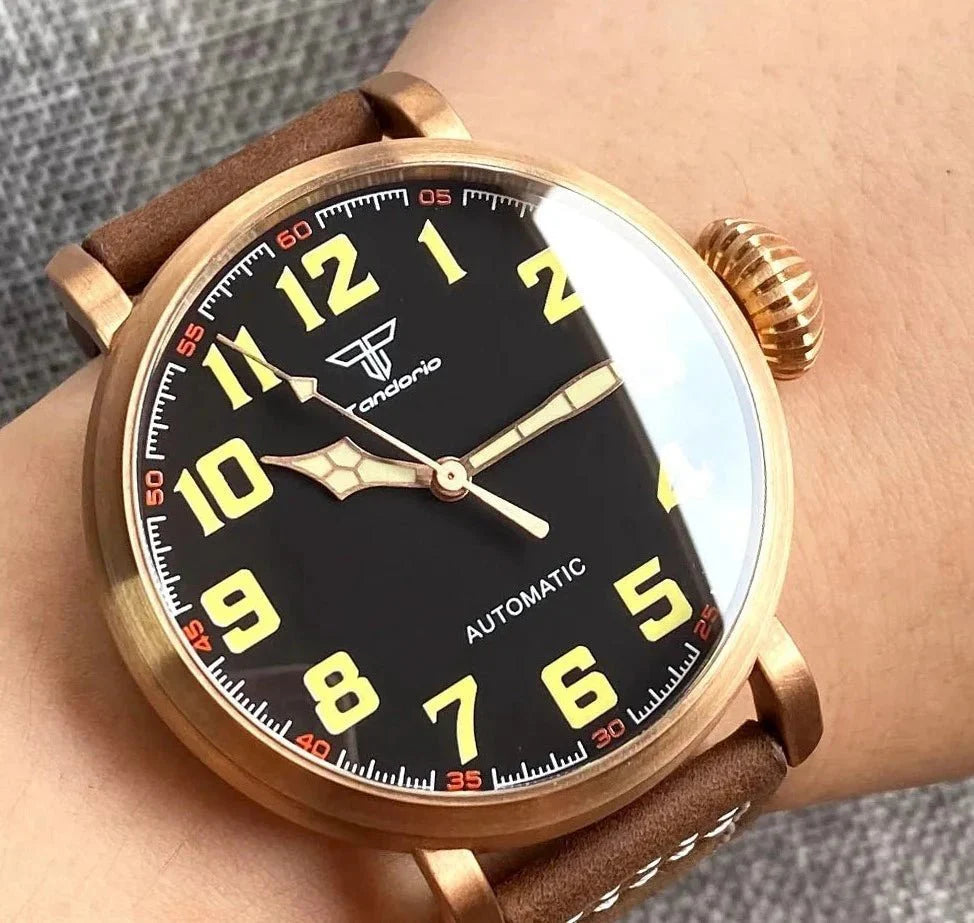 Tandorio 47mm NH35 pilot Watch CUSN8 Solid Bronze or 316L Steel Case 10ATM Sapphire TD025 - Tandorio Watches