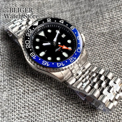 Tandorio Dive 41mm Black NH34 GMT Steel Mechanical Watch Men NH34A 24 Hours Chapter Ring 120click Bezel Sapphire Glass 3.8 Crown - Tandorio Watches