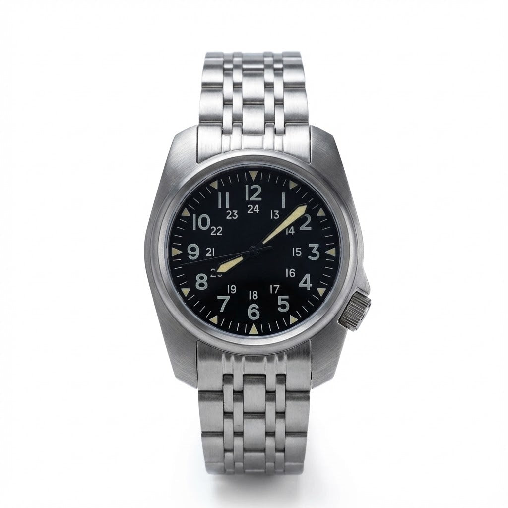 38MM Quartz Pilot Watch WristFull Q101  Sapphire Crystal Miyota 2035 waterproof 5Bar Swimming Luxury Dress 4 crown