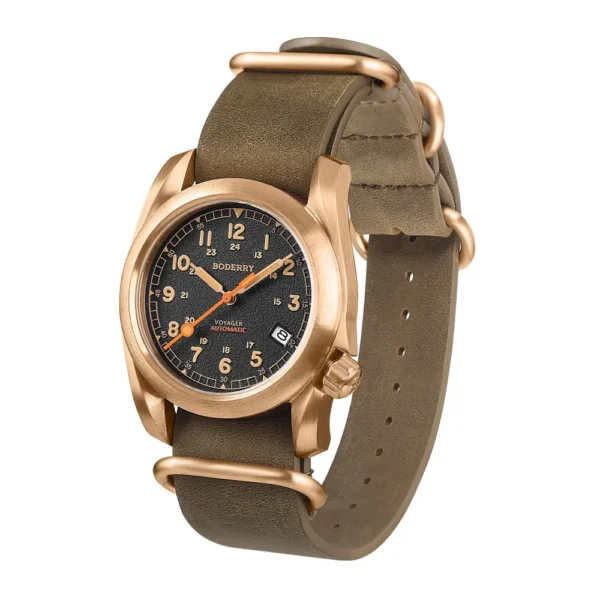 The Boderry Bronze Field Watch A11 combines rugged performance with sleek design, making it an ideal companion for adventurers and style enthusiasts. Crafted from solid bronze, it offers exceptional durability while maintaining a lightweight feel. Equipped with a reliable Seiko NH35 automatic movement, Swiss Super-LumiNova, and sapphire crystal, this watch ensures both precision and resilience. Perfect for diving and everyday wear, it delivers timeless style and functionality.